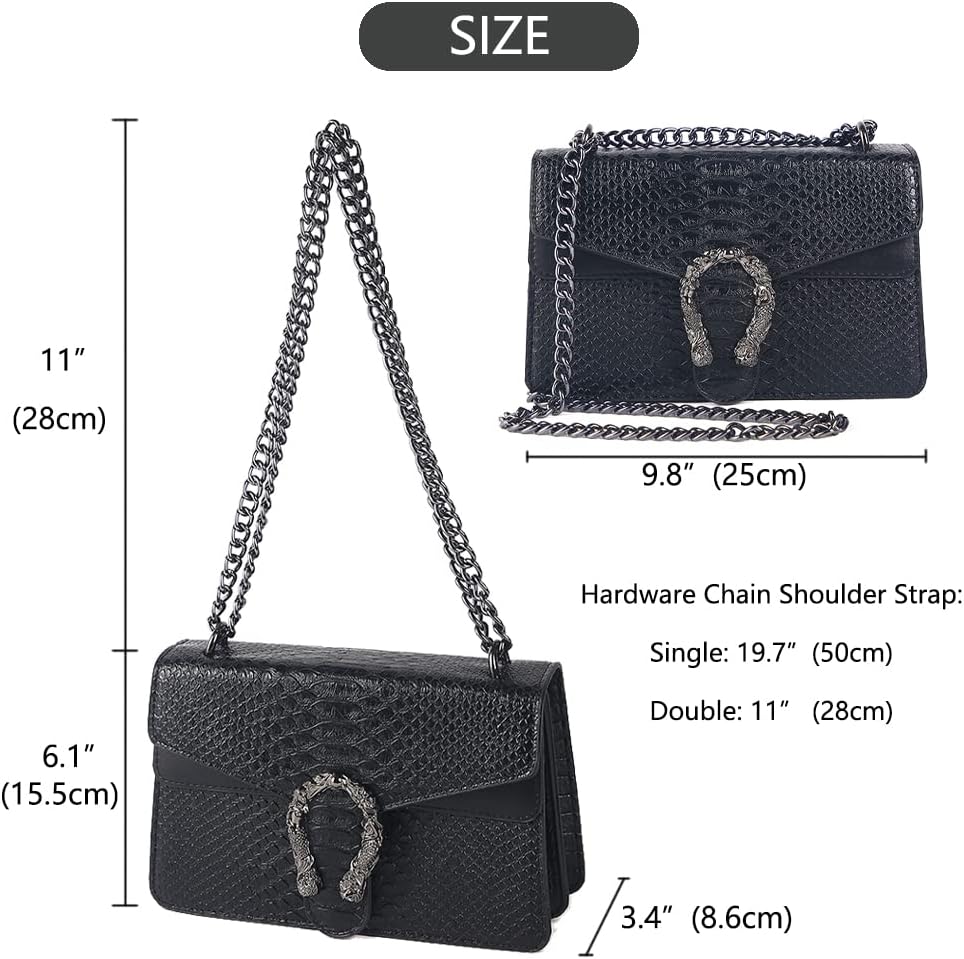 Leather Shoulder Bag Chain Purse for Women - Fashion Crossbody Bags Vintage Snake Print Underarm Bag Square Satchel Handbag A-black