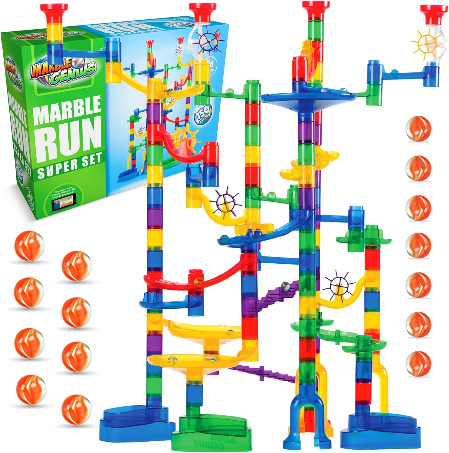 Marble Genius Marble Run - 150 Complete Pieces Maze Track Christmas Toys for Adults, Teens, Toddlers & Kids Aged 4-8 Years Old, (85 Translucent Marbulous Pieces + 65 Glass-Marble Set), Super Set 3.) Super Set - 150 Complete Pieces