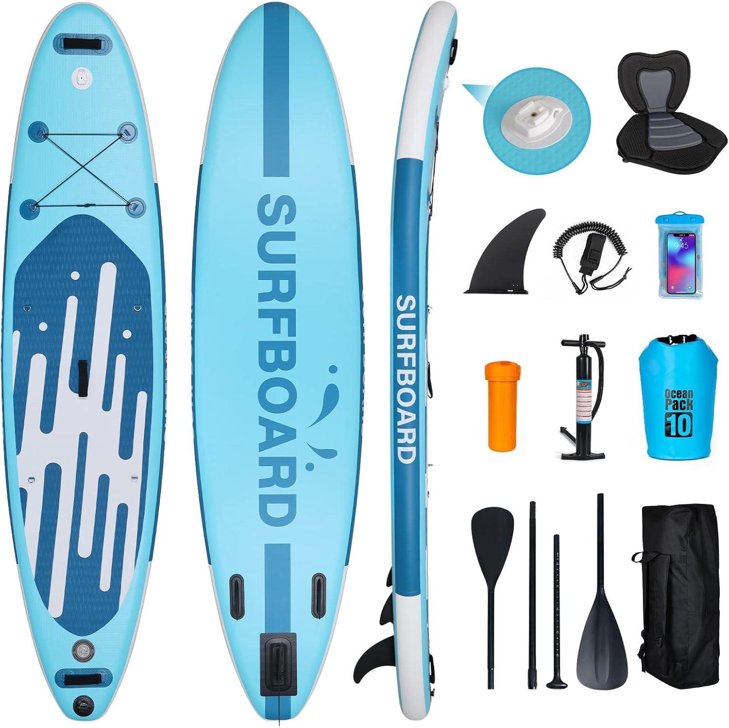 YUSING 11' Inflatable Stand Up Paddle Board with Kayak Seat, Non-Slip Deck SUP Paddle Board with Premium Kayak and SUP Accessories & Backpack, Portable Standing Boat for Youth & Adult Blue 11'