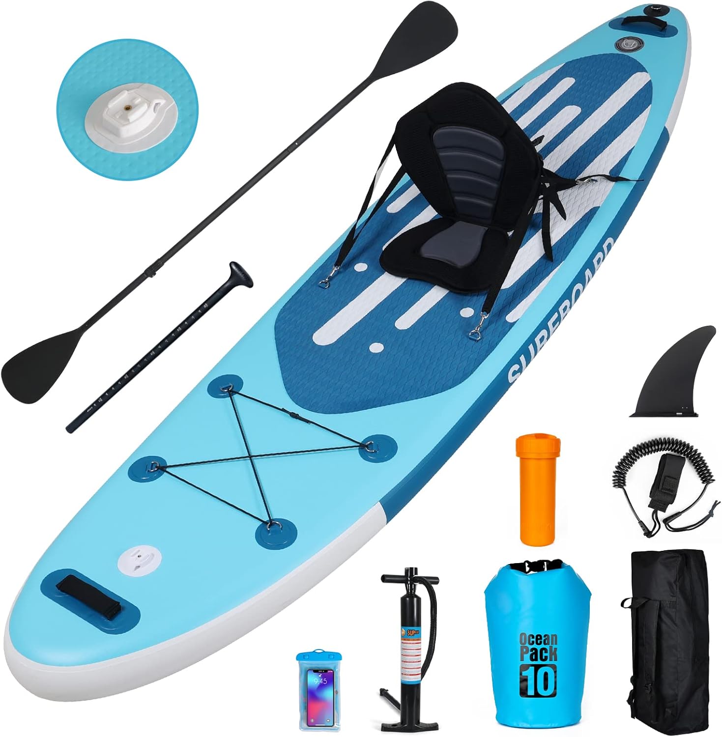 YUSING 11' Inflatable Stand Up Paddle Board with Kayak Seat, Non-Slip Deck SUP Paddle Board with Premium Kayak and SUP Accessories & Backpack, Portable Standing Boat for Youth & Adult Blue 11'