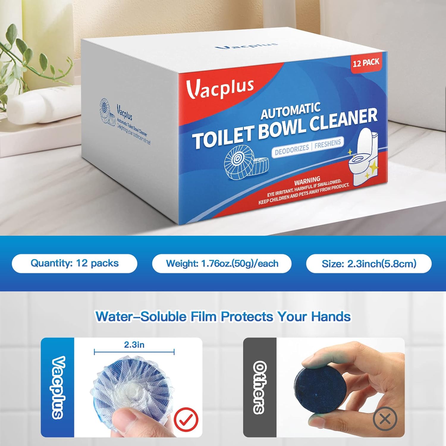 Vacplus Automatic Toilet Bowl Cleaner Tablets, Bathroom Toilet Tank Cleaner (12 PACK), VA-T165 12 Count (Pack of 1)