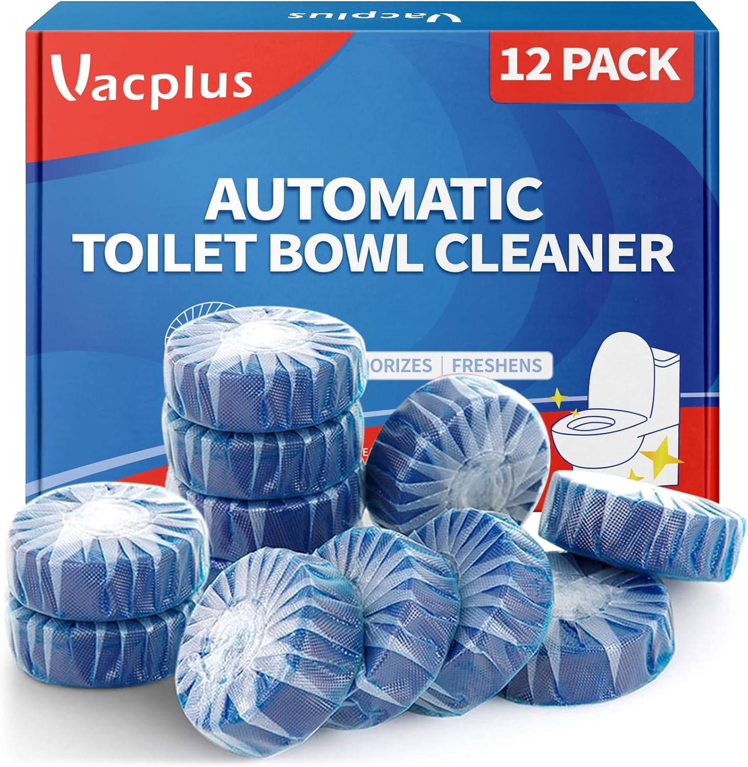 Vacplus Automatic Toilet Bowl Cleaner Tablets, Bathroom Toilet Tank Cleaner (12 PACK), VA-T165 12 Count (Pack of 1)