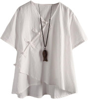 Minibee Women's Linen Retro Chinese Frog Button Tops Blouse X-Large White