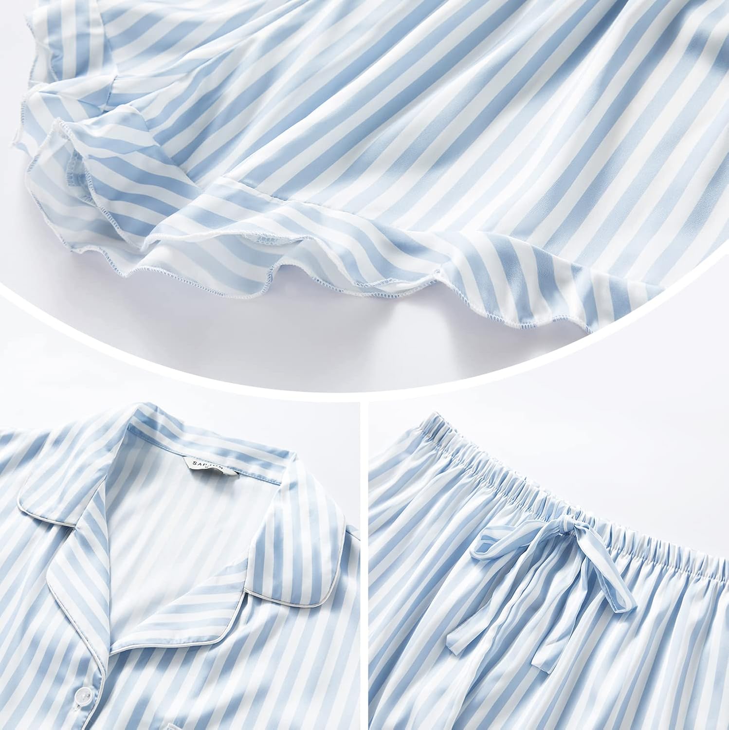 SAPJON Satin Silk Pajamas for Women 2Pcs Ruffle Notch Collar Sleepwear Button Down Short Sleeve Shorts Pjs Set Loungewear Medium Blue Striped