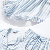 SAPJON Satin Silk Pajamas for Women 2Pcs Ruffle Notch Collar Sleepwear Button Down Short Sleeve Shorts Pjs Set Loungewear Medium Blue Striped