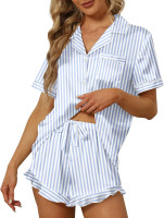 SAPJON Satin Silk Pajamas for Women 2Pcs Ruffle Notch Collar Sleepwear Button Down Short Sleeve Shorts Pjs Set Loungewear Medium Blue Striped