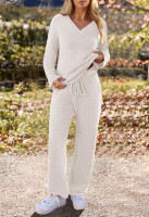 MEROKEETY Women's Lounge Sets 2025 Fall Fashion 2 Piece Outfits Sweater Pajama Set Fuzzy Loungewear Matching Winter Clothes Large Beige