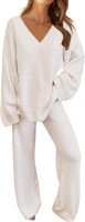 MEROKEETY Women's Lounge Sets 2025 Fall Fashion 2 Piece Outfits Sweater Pajama Set Fuzzy Loungewear Matching Winter Clothes Large Beige