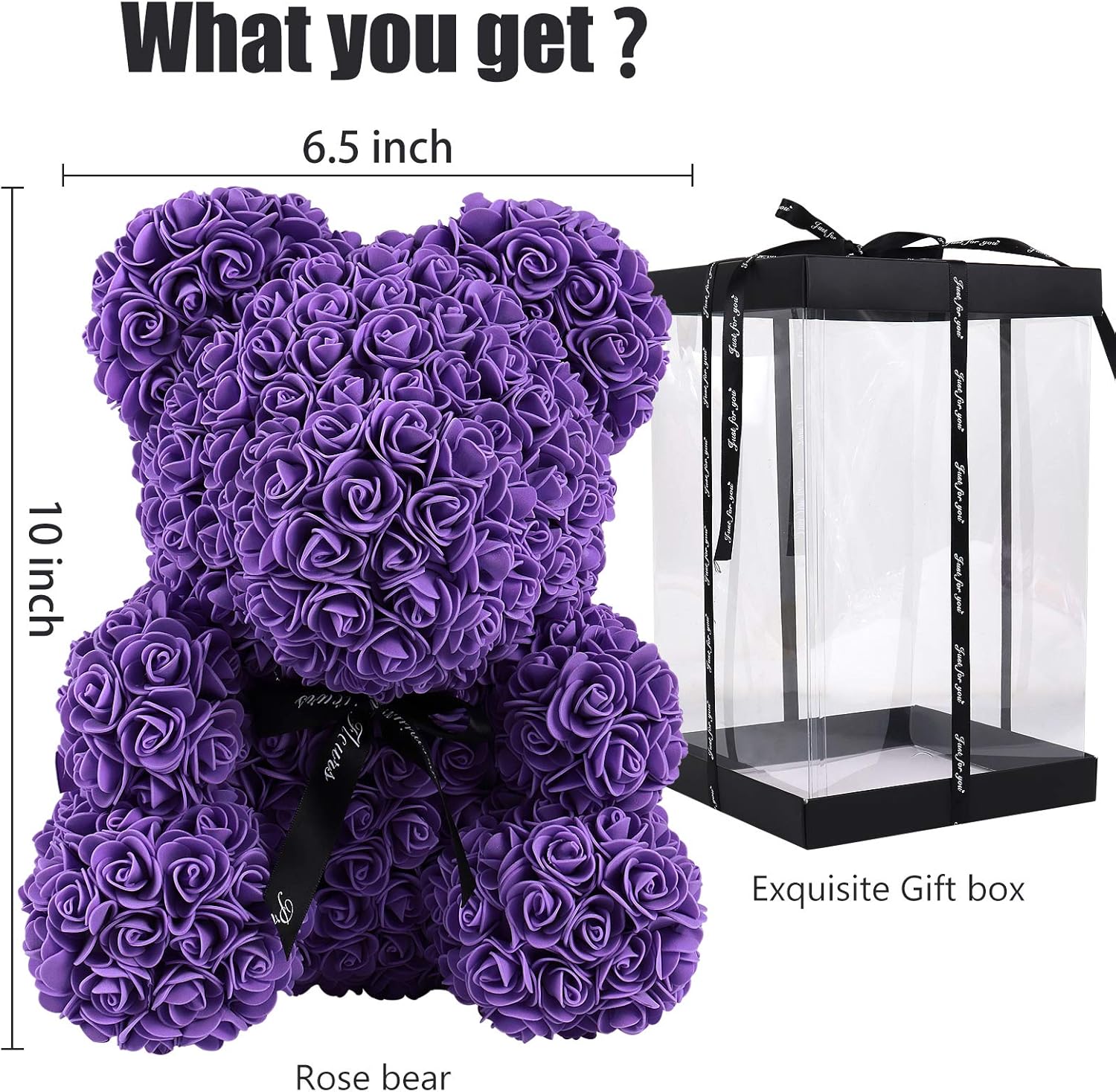 RECUTMS Artificial Rose Bear Flowers Rose Teddy Bear 10 inch Wedding Party Decoration Box for Valentines Day Gift Mothers Day Anniversary Birthday Present (Purple) Rb-purple