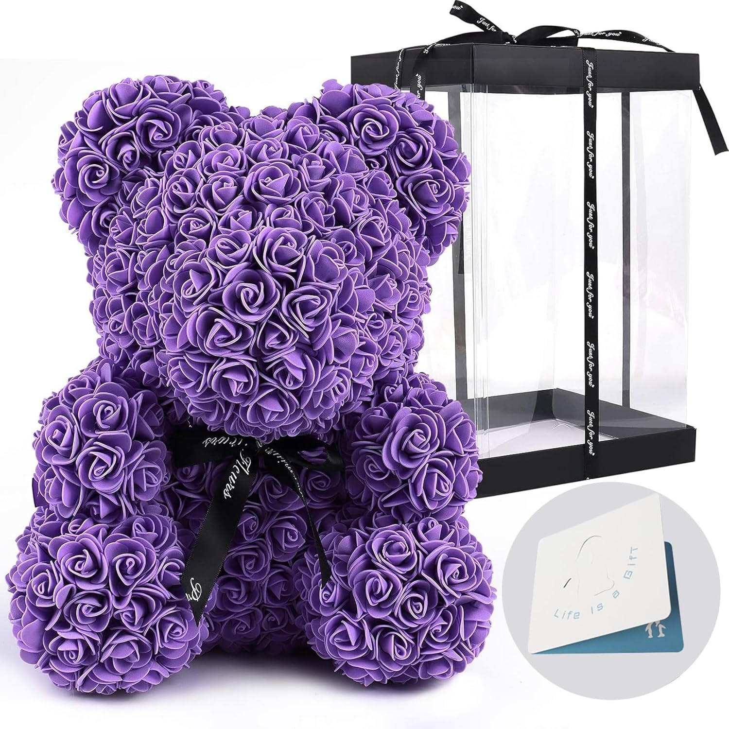 RECUTMS Artificial Rose Bear Flowers Rose Teddy Bear 10 inch Wedding Party Decoration Box for Valentines Day Gift Mothers Day Anniversary Birthday Present (Purple) Rb-purple