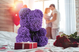 RECUTMS Artificial Rose Bear Flowers Rose Teddy Bear 10 inch Wedding Party Decoration Box for Valentines Day Gift Mothers Day Anniversary Birthday Present (Purple) Rb-purple