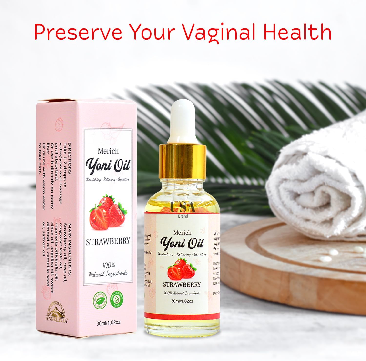 MERICH Natural Yoni Oil for Women | pH Balancing Vaginal Detox Oil, Strawberry | Rejuvenating Formula for Dark Spots & Ingrown Hair | Odor Eliminator & Gentle Cleansing Feminine Care | 1 oz