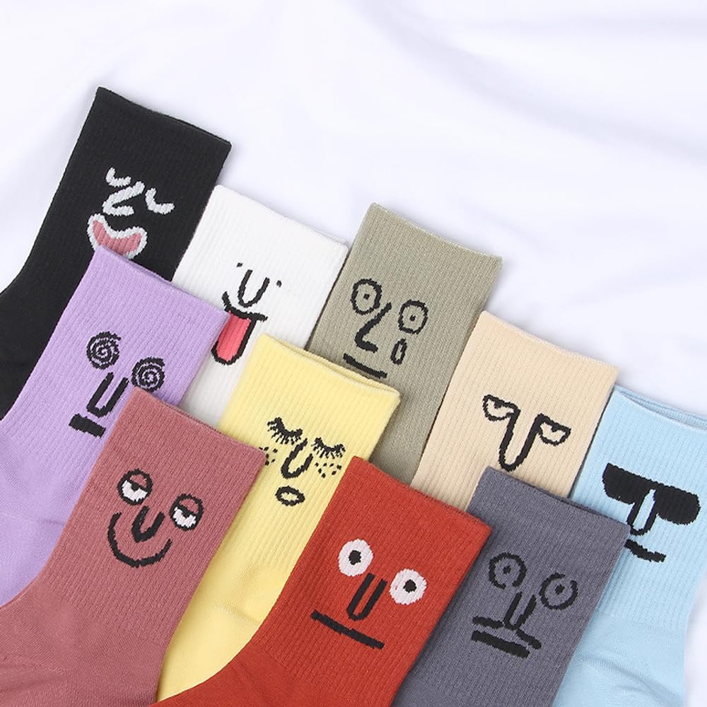 Meloday 10 PACK Crazy Funny Emotion Crew Socks Soft Cotton - 10 different fun designs and color per pack 5-10 Soothe