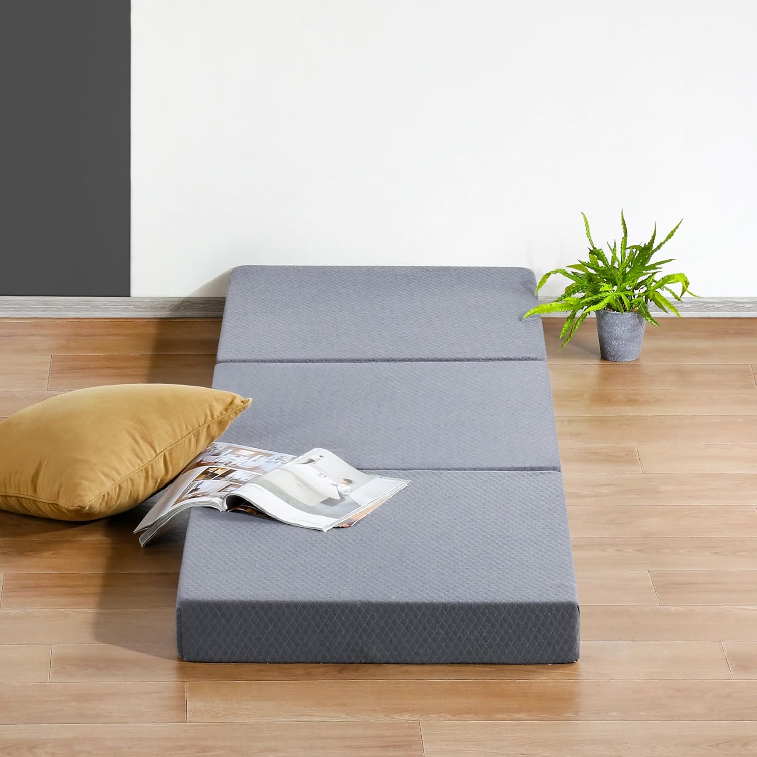 Olee Sleep Tri-Folding Memory Foam Mattress Topper, 4 Inch Gel Folding Mattress for Camping, Foldable Guest Bed, Washable Cover, CertiPUR-US Certified, Soft, Grey, Single Size Classic Single Grey