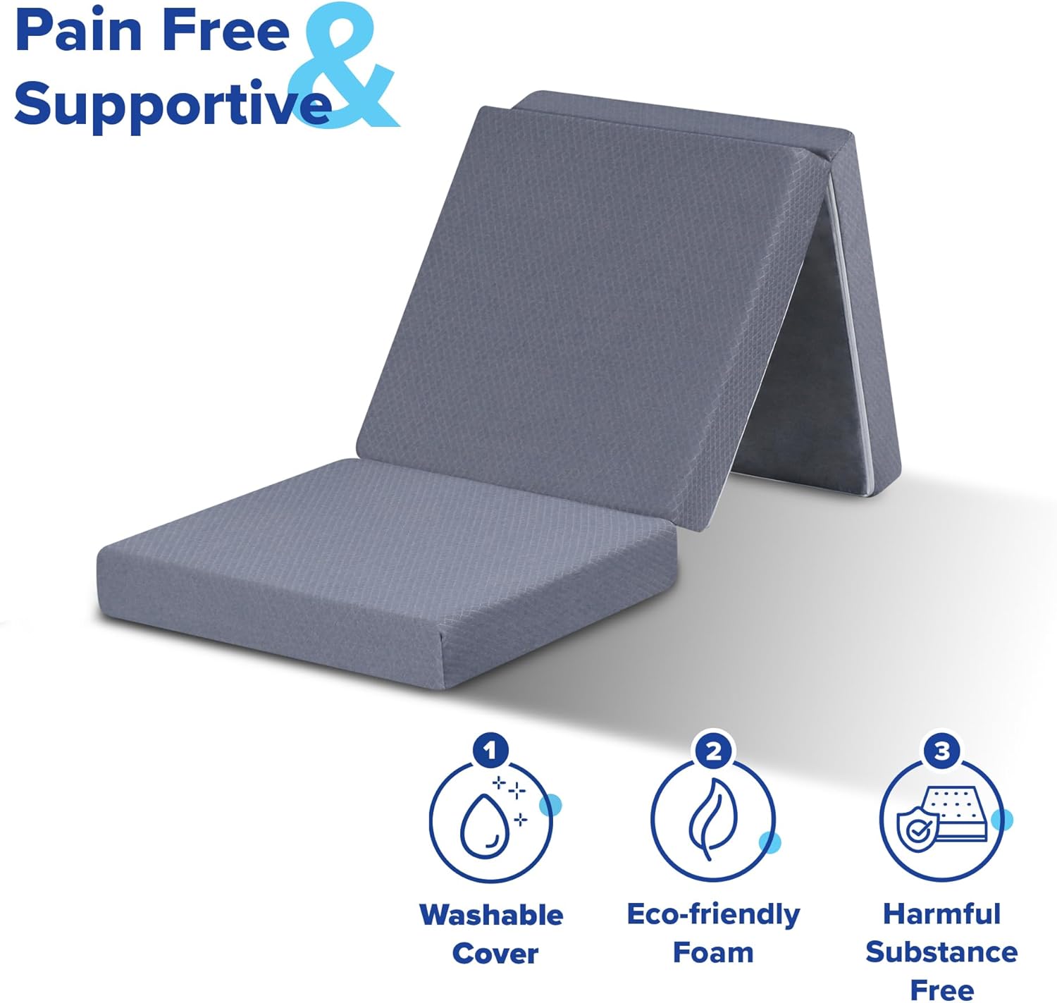 Olee Sleep Tri-Folding Memory Foam Mattress Topper, 4 Inch Gel Folding Mattress for Camping, Foldable Guest Bed, Washable Cover, CertiPUR-US Certified, Soft, Grey, Single Size Classic Single Grey