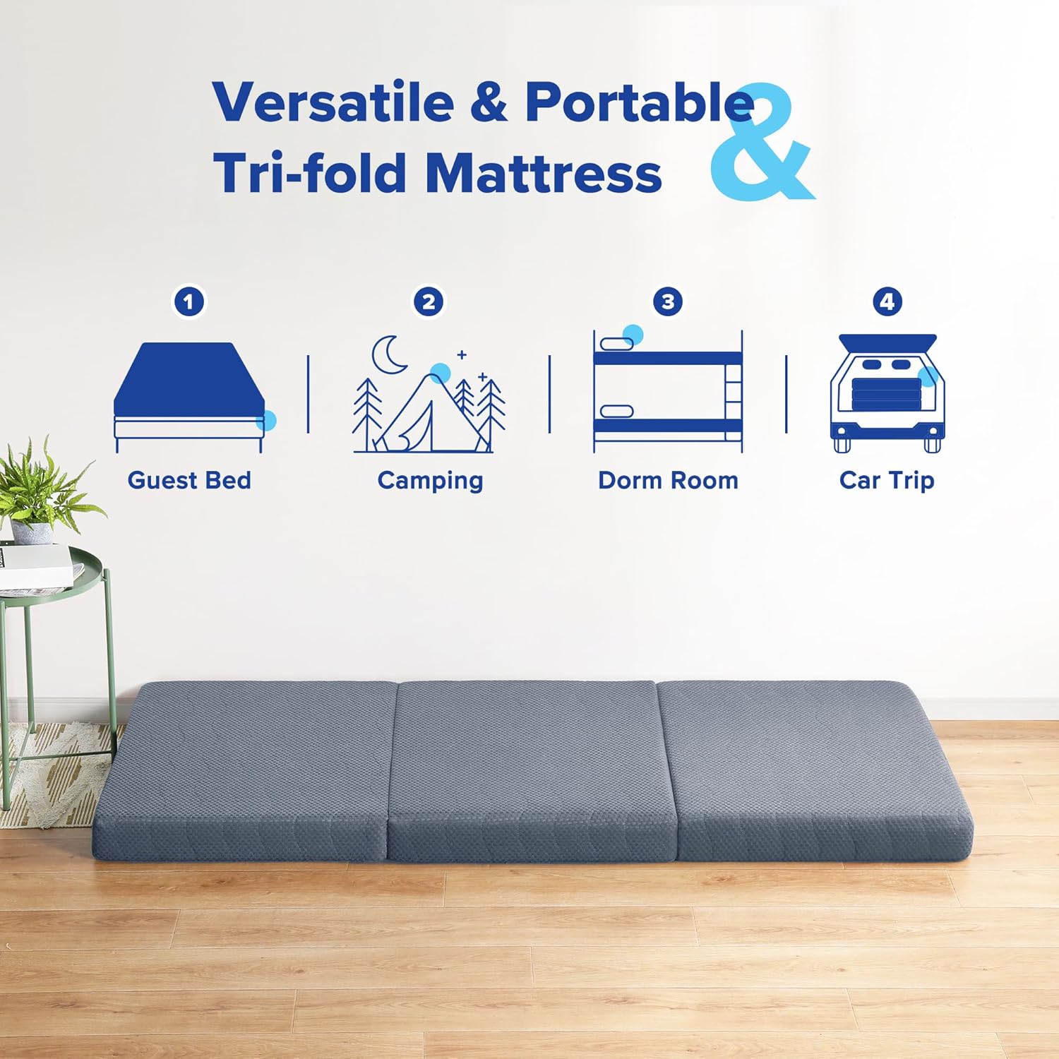 Olee Sleep Tri-Folding Memory Foam Mattress Topper, 4 Inch Gel Folding Mattress for Camping, Foldable Guest Bed, Washable Cover, CertiPUR-US Certified, Soft, Grey, Single Size Classic Single Grey