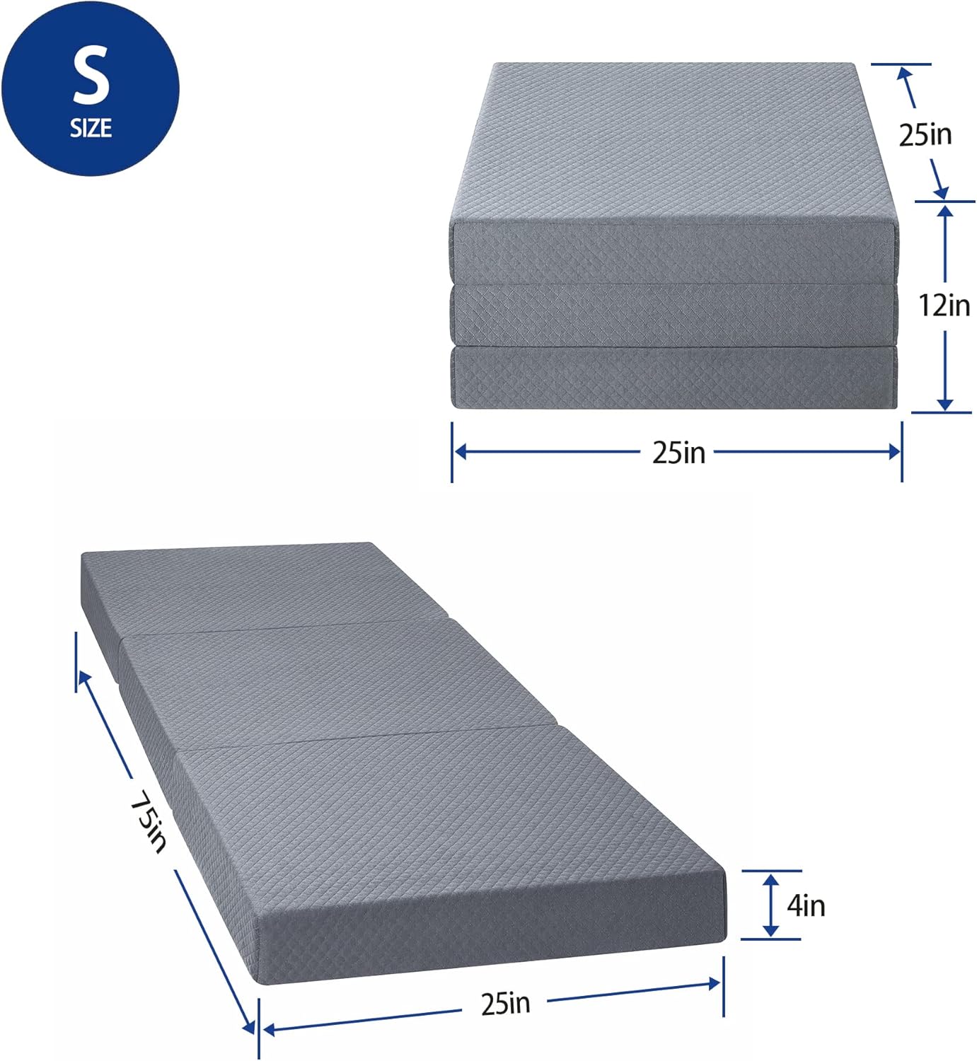 Olee Sleep Tri-Folding Memory Foam Mattress Topper, 4 Inch Gel Folding Mattress for Camping, Foldable Guest Bed, Washable Cover, CertiPUR-US Certified, Soft, Grey, Single Size Classic Single Grey