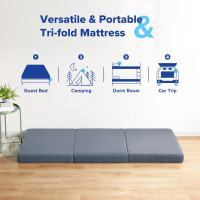 Olee Sleep Tri-Folding Memory Foam Mattress Topper, 4 Inch Gel Folding Mattress for Camping, Foldable Guest Bed, Washable Cover, CertiPUR-US Certified, Soft, Grey, Single Size Classic Single Grey