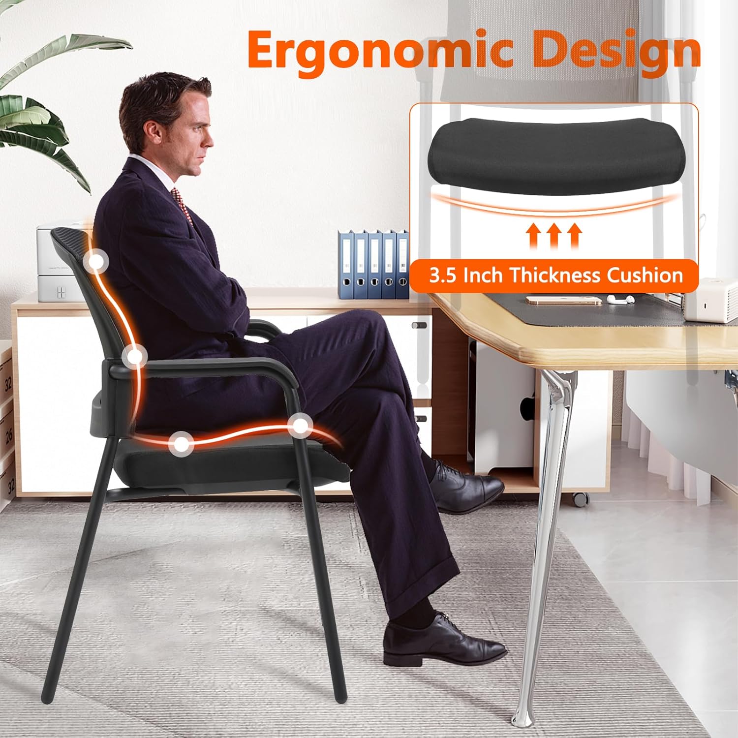 CLATINA Office Reception Guest Chair Mesh Back Stacking with Ergonomic Lumbar Support and Thickened Seat Cushion for Waiting Conference Room Black Black 1 Pack