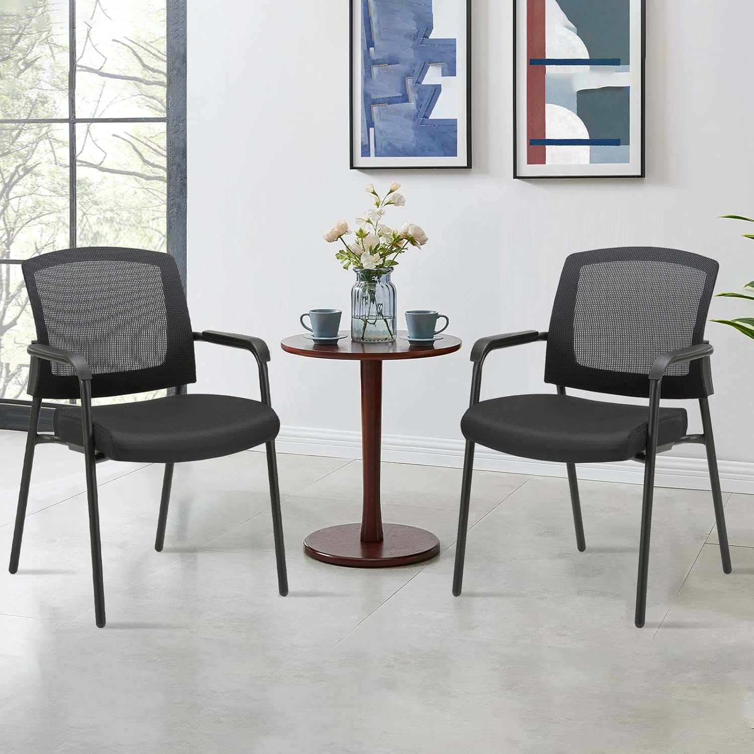 CLATINA Office Reception Guest Chair Mesh Back Stacking with Ergonomic Lumbar Support and Thickened Seat Cushion for Waiting Conference Room Black 2 Pack