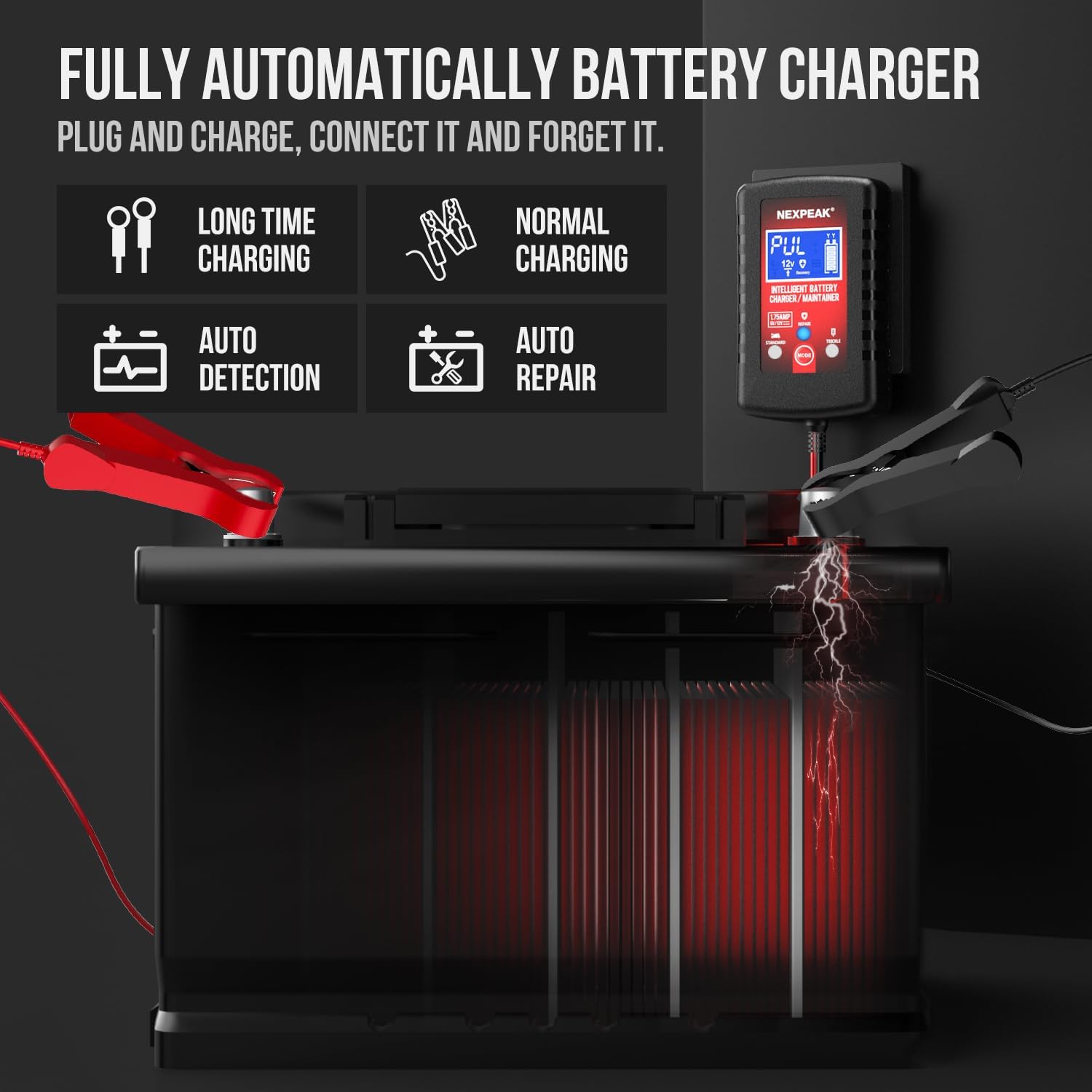 1.75-Amp Car Battery Charger, 6V and 12V Smart Fully Automatic Battery Charger Maintainer, Trickle Charger, Battery Desulfator for Car, Lawn Mower, Motorcycle, Boat, Marine Lead Acid Batteries