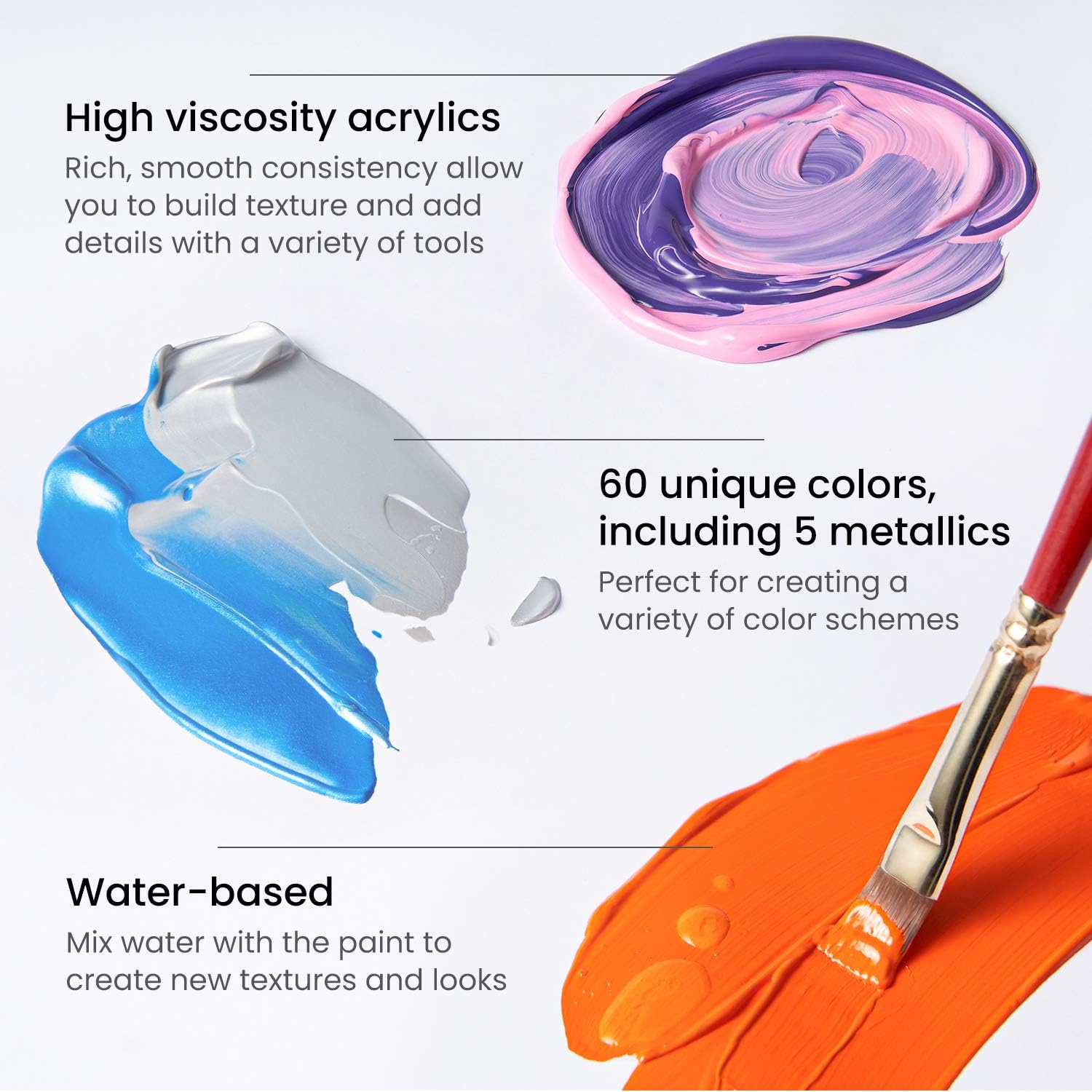 Arteza Acrylic Paint, Set of 60 Colors, 0.74 oz/22 ml Tubes, Art Paint includes 5 Metallic Colors, Rich Pigments, Non-Fading, Non-Toxic Paints for Artist & Hobby Painters, Art Supplies for Painting 0.74 Fl Oz (Pack of 60)