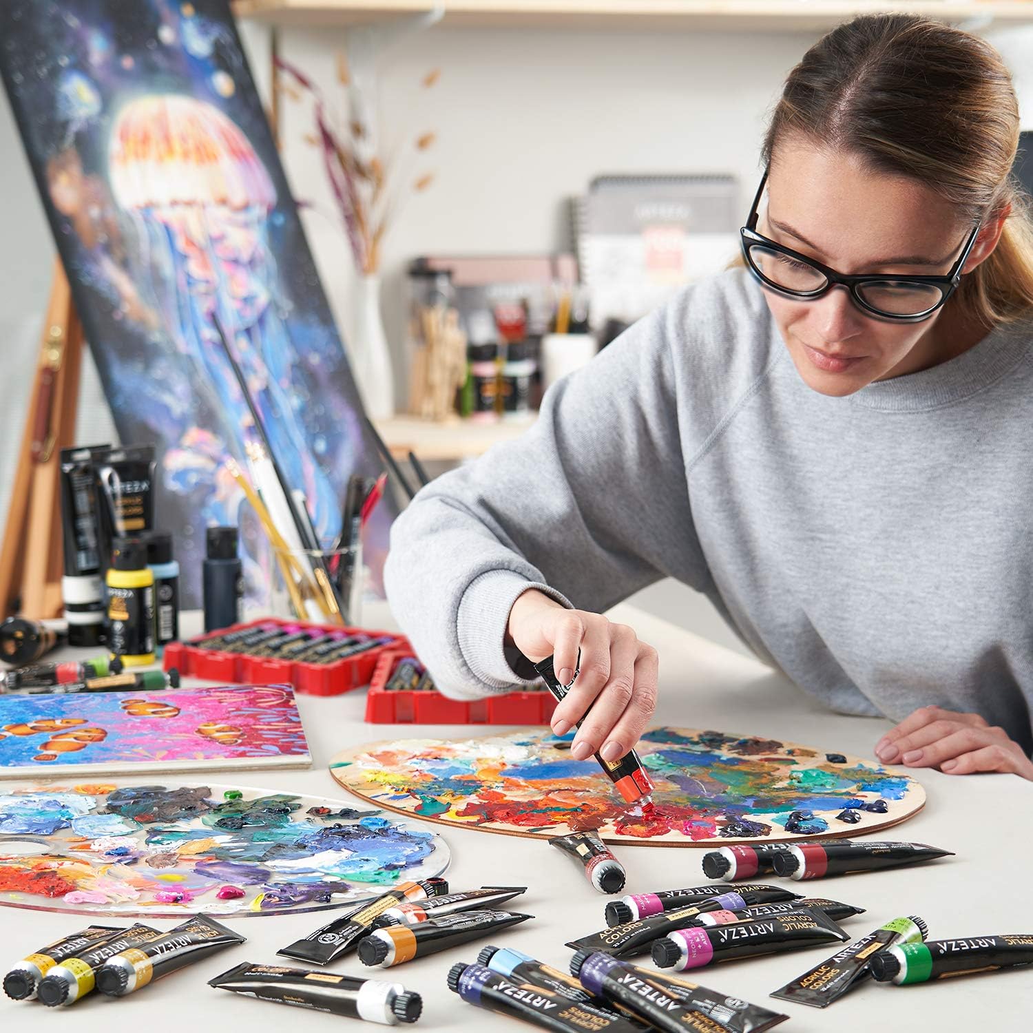 Arteza Acrylic Paint, Set of 60 Colors, 0.74 oz/22 ml Tubes, Art Paint includes 5 Metallic Colors, Rich Pigments, Non-Fading, Non-Toxic Paints for Artist & Hobby Painters, Art Supplies for Painting 0.74 Fl Oz (Pack of 60)