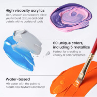 Arteza Acrylic Paint, Set of 60 Colors, 0.74 oz/22 ml Tubes, Art Paint includes 5 Metallic Colors, Rich Pigments, Non-Fading, Non-Toxic Paints for Artist & Hobby Painters, Art Supplies for Painting 0.74 Fl Oz (Pack of 60)