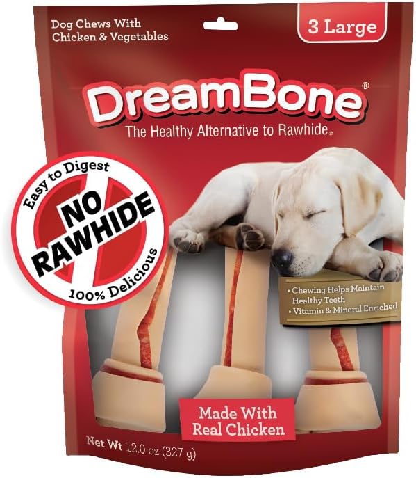 DreamBone Large Chews With Real Chicken, Rawhide-Free Chews For Dogs, Treat Your Dog to a Rawhide Free Chew, 3 Count Chicken 4 Ounce (Pack of 3)