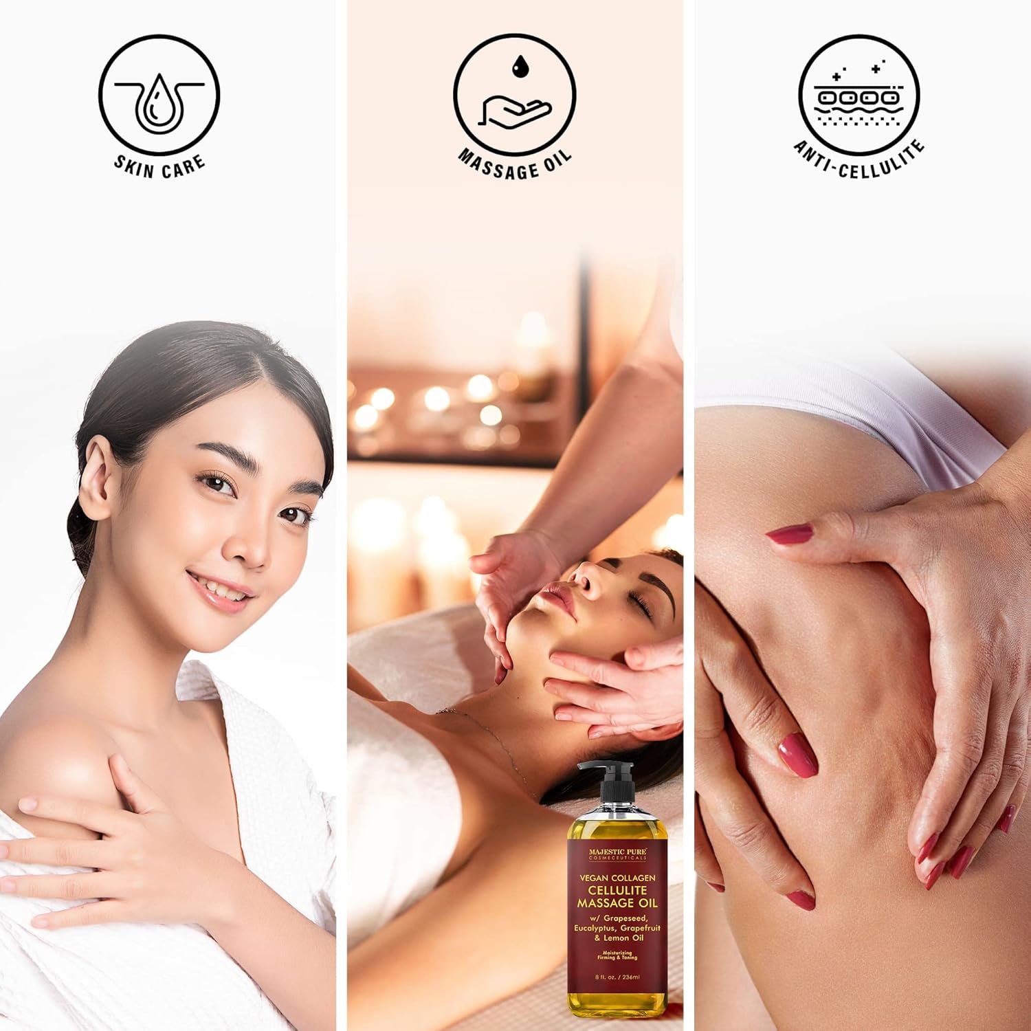 Majestic Pure Anti Cellulite Massage Oil for Massage Therapy - Refreshing, and Relaxing - Natural Oils with Vegan Collagen, Stem Cells & Cellulite Cream - All Skin Types - Men and Women - 8 fl oz Cellulite Massage Oil 8 Fl Oz (Pack of 1)