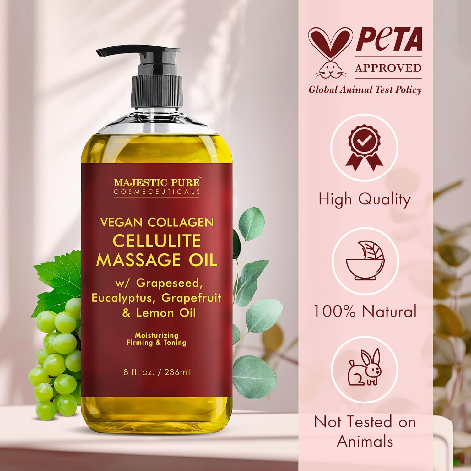 Majestic Pure Anti Cellulite Massage Oil for Massage Therapy - Refreshing, and Relaxing - Natural Oils with Vegan Collagen, Stem Cells & Cellulite Cream - All Skin Types - Men and Women - 8 fl oz Cellulite Massage Oil 8 Fl Oz (Pack of 1)