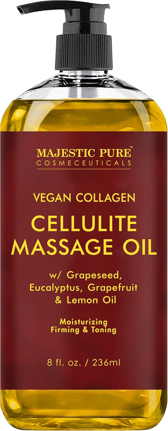 Majestic Pure Anti Cellulite Massage Oil for Massage Therapy - Refreshing, and Relaxing - Natural Oils with Vegan Collagen, Stem Cells & Cellulite Cream - All Skin Types - Men and Women - 8 fl oz Cellulite Massage Oil 8 Fl Oz (Pack of 1)