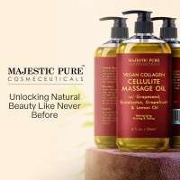 Majestic Pure Anti Cellulite Massage Oil for Massage Therapy - Refreshing, and Relaxing - Natural Oils with Vegan Collagen, Stem Cells & Cellulite Cream - All Skin Types - Men and Women - 8 fl oz Cellulite Massage Oil 8 Fl Oz (Pack of 1)