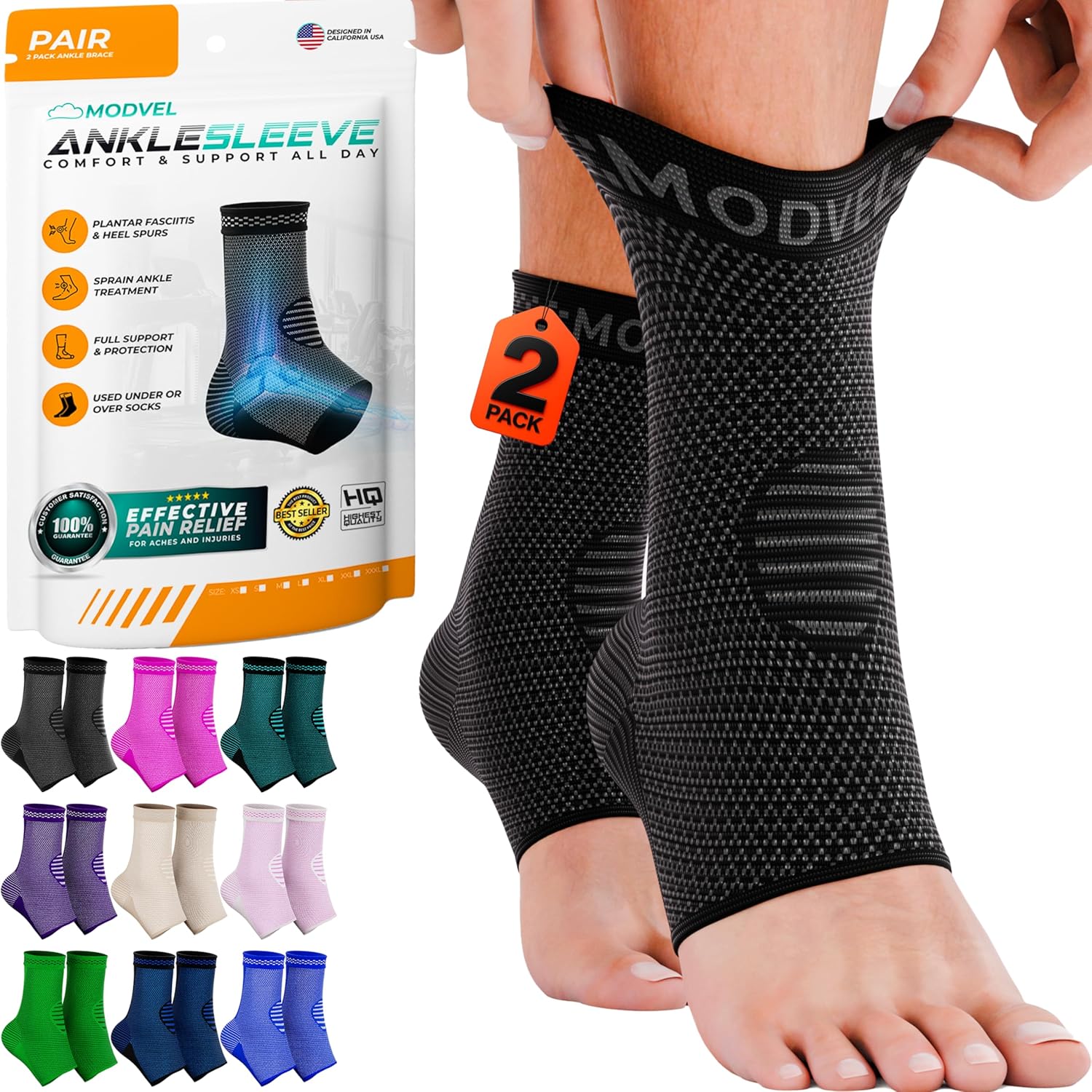 Modvel Foot & Ankle Brace Socks for Sprained Ankle Compression Sleeve - Plantar Fasciitis Relief Brace, Foot Support for pain Women & Men - Tendonitis & Arthritis Feet Sleeve, Stabilizing Ankles Wrap Medium A Black 2