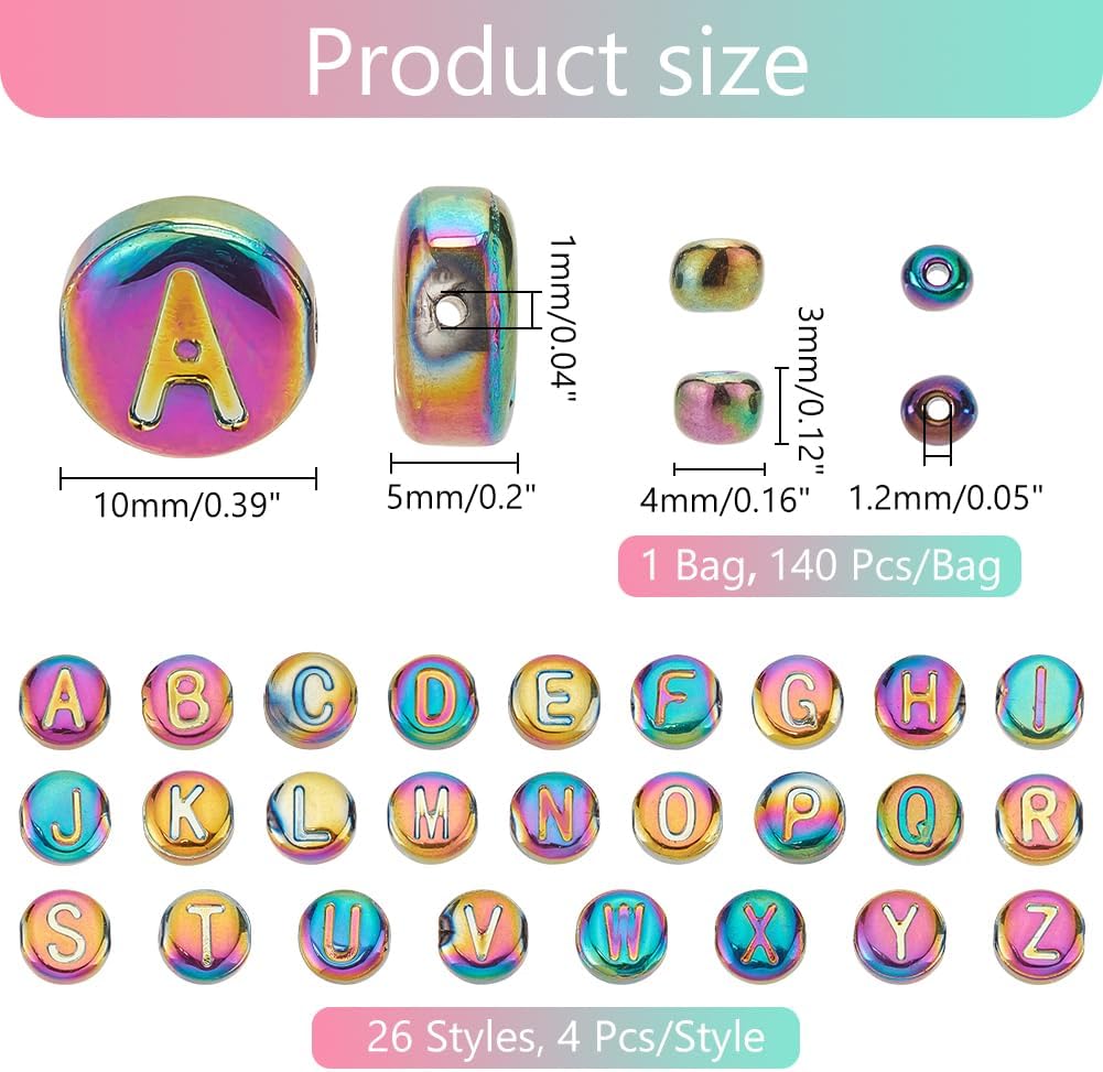 PH PandaHall 244pcs Glass Letter Beads - 10mm Flat Round Alphabet Rondelles, Multicolor Plated Small Spacer Beads for Crafts Key Chains Necklace Jewelry Making