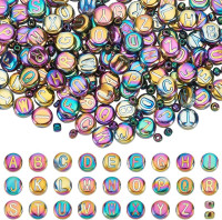 PH PandaHall 244pcs Glass Letter Beads - 10mm Flat Round Alphabet Rondelles, Multicolor Plated Small Spacer Beads for Crafts Key Chains Necklace Jewelry Making