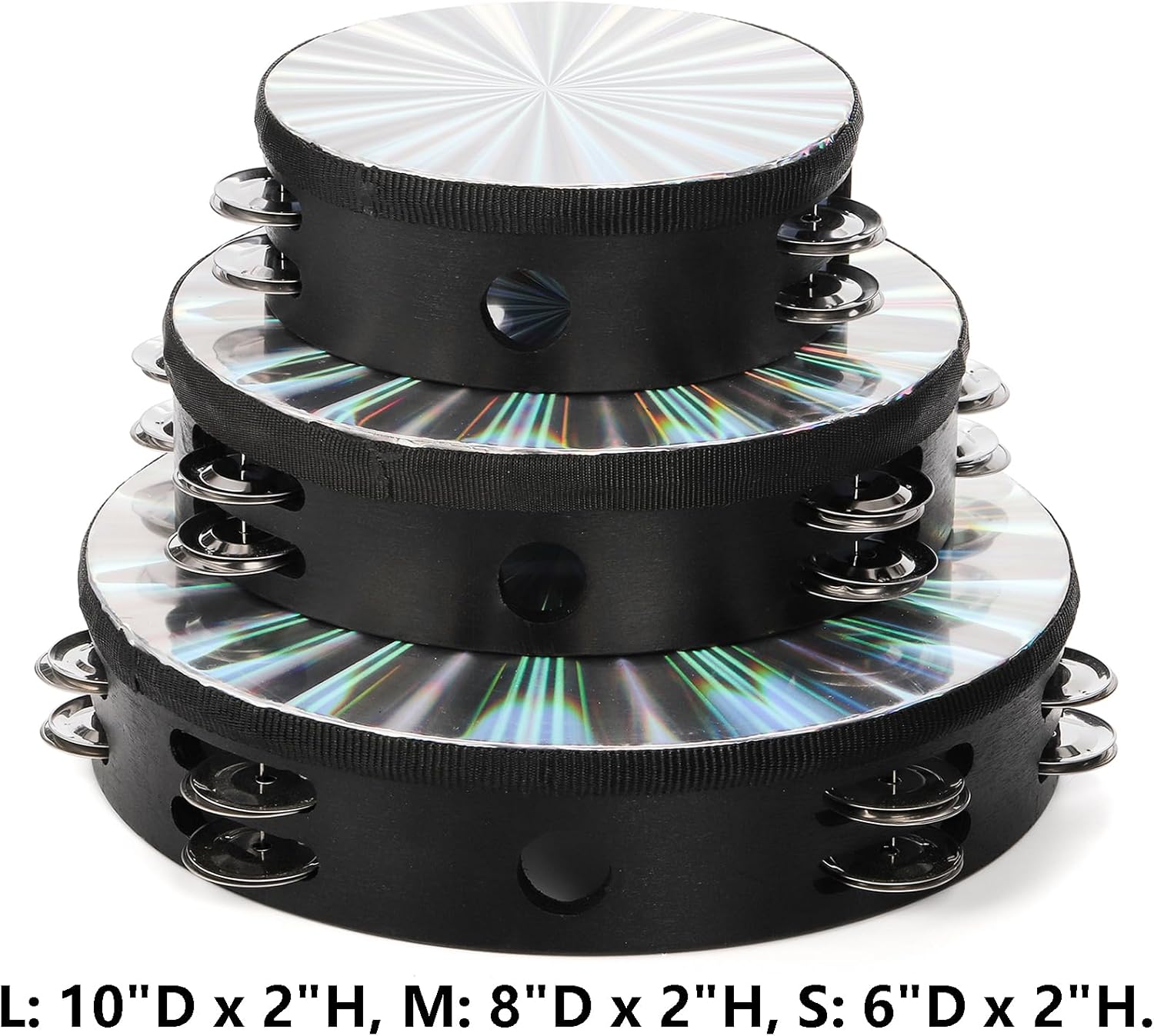 YOUEON 3 Pack Radiant Tambourine with Double Row Jingles, 6/8/10 Inch Hand Held Drum, Reflective Tambourines for Adults, Musical Instrumen for Church, Dance, Party, KTV
