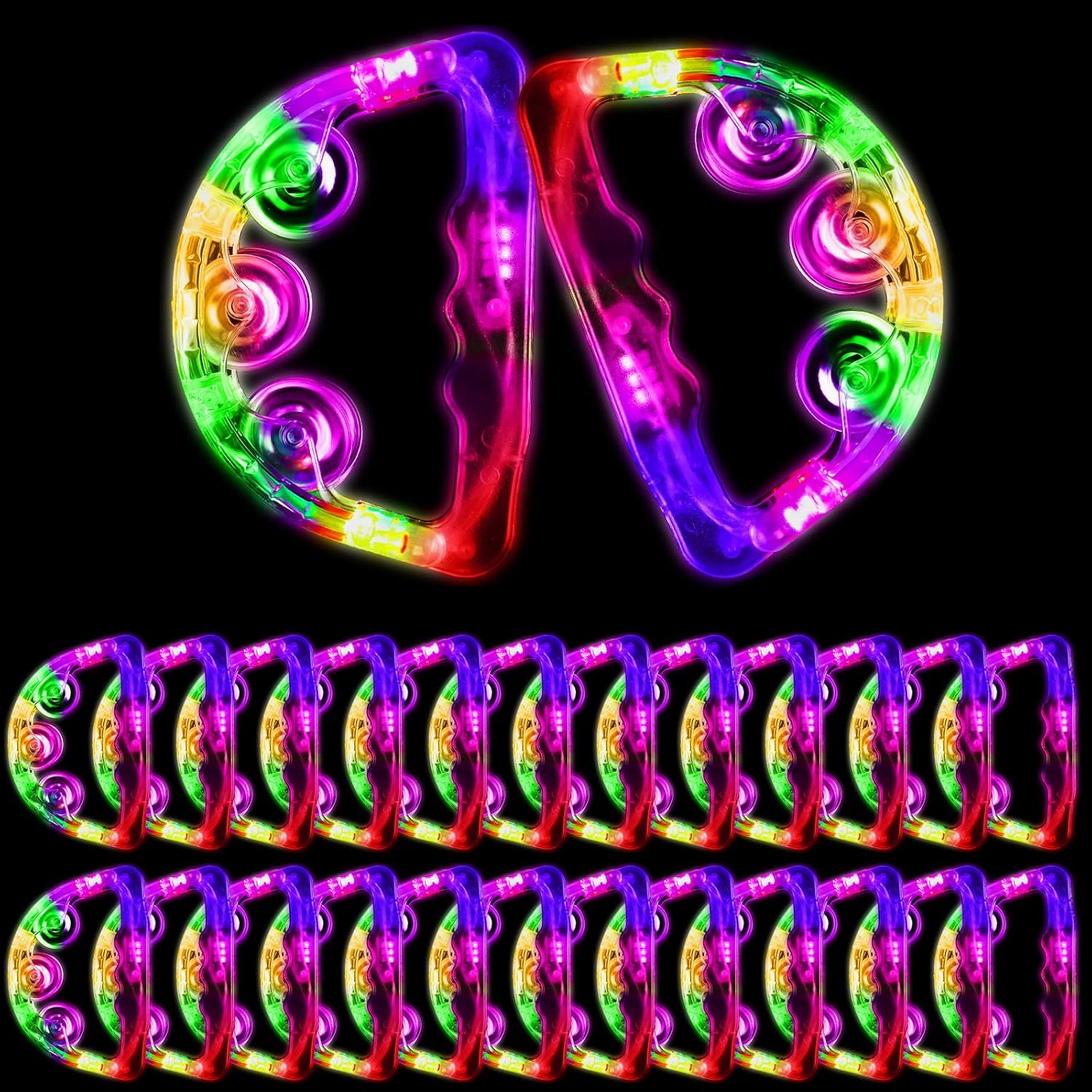 Yunsailing 24 Pack LED Light up Tambourines Musical Flashing Tambourine Toys Handheld Percussion Instrument Glow in The Dark Party Supplies for Teenagers Adults Wedding Party Favors White, Blue, Pink, Green