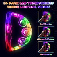 Yunsailing 24 Pack LED Light up Tambourines Musical Flashing Tambourine Toys Handheld Percussion Instrument Glow in The Dark Party Supplies for Teenagers Adults Wedding Party Favors White, Blue, Pink, Green