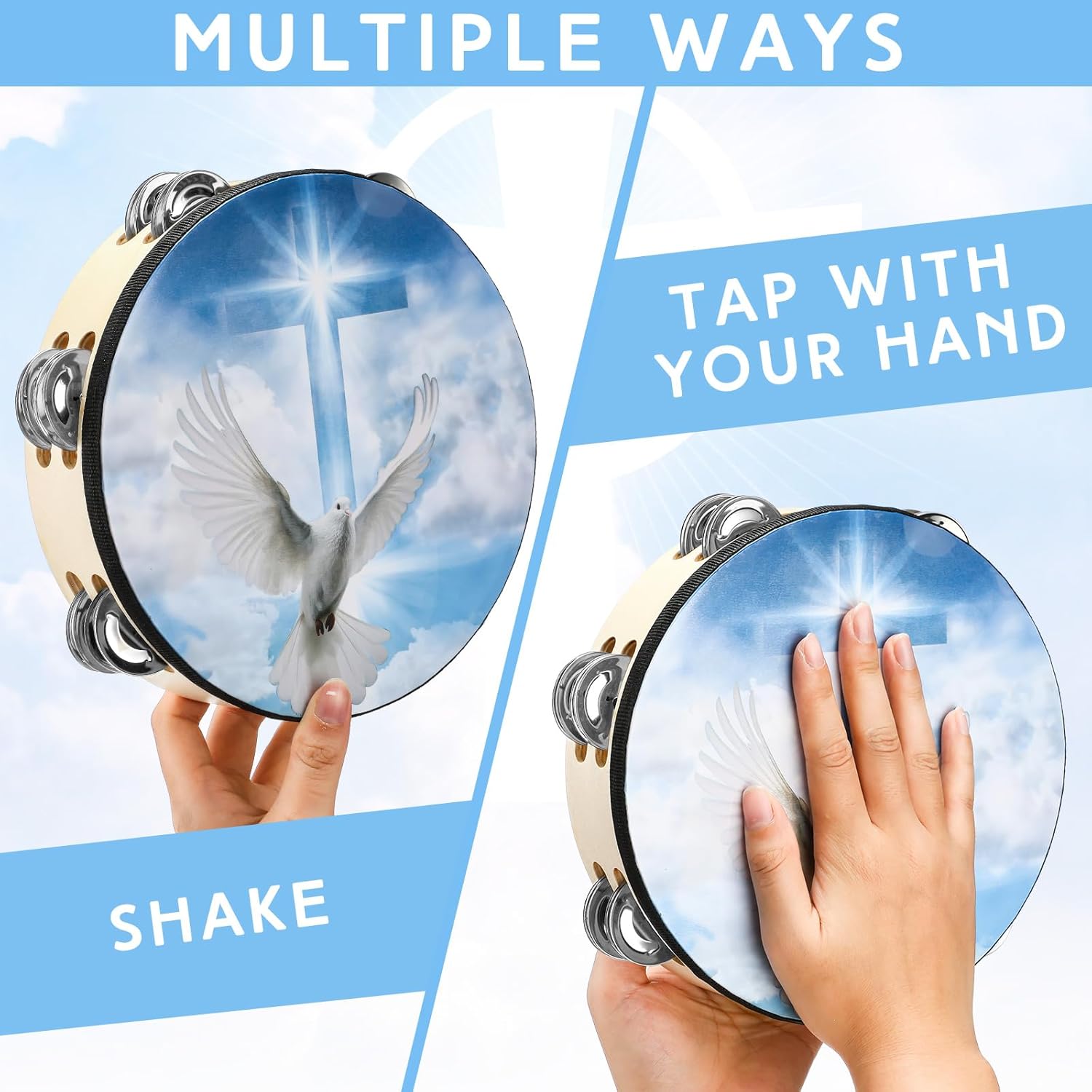 Dove Tambourines for Adults 8 Inch Church Christian Dance Tambourine Cross Double Row Jingle Bible Hand Bell Drum for Church Pray Party Percussion Musical Instrument Hand Bell Clap Drum