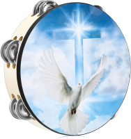 Dove Tambourines for Adults 8 Inch Church Christian Dance Tambourine Cross Double Row Jingle Bible Hand Bell Drum for Church Pray Party Percussion Musical Instrument Hand Bell Clap Drum