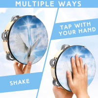 Dove Tambourines for Adults 8 Inch Church Christian Dance Tambourine Cross Double Row Jingle Bible Hand Bell Drum for Church Pray Party Percussion Musical Instrument Hand Bell Clap Drum