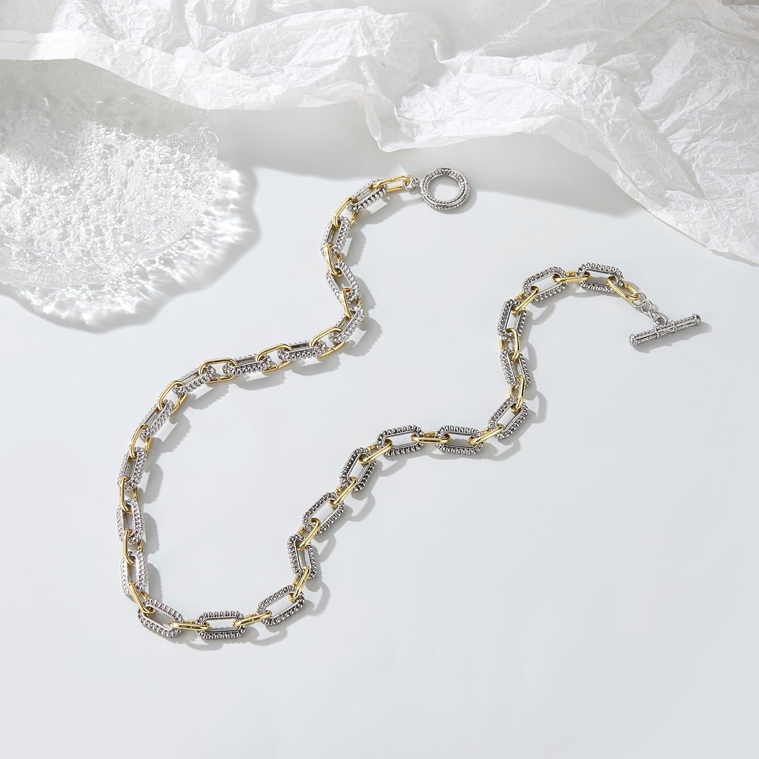 Wire Necklaces for Women, 2 Tone Link Chain Necklaces Circles Adjustable Necklaces Costume Jewelry for Women Gifts Paperclip-A-1