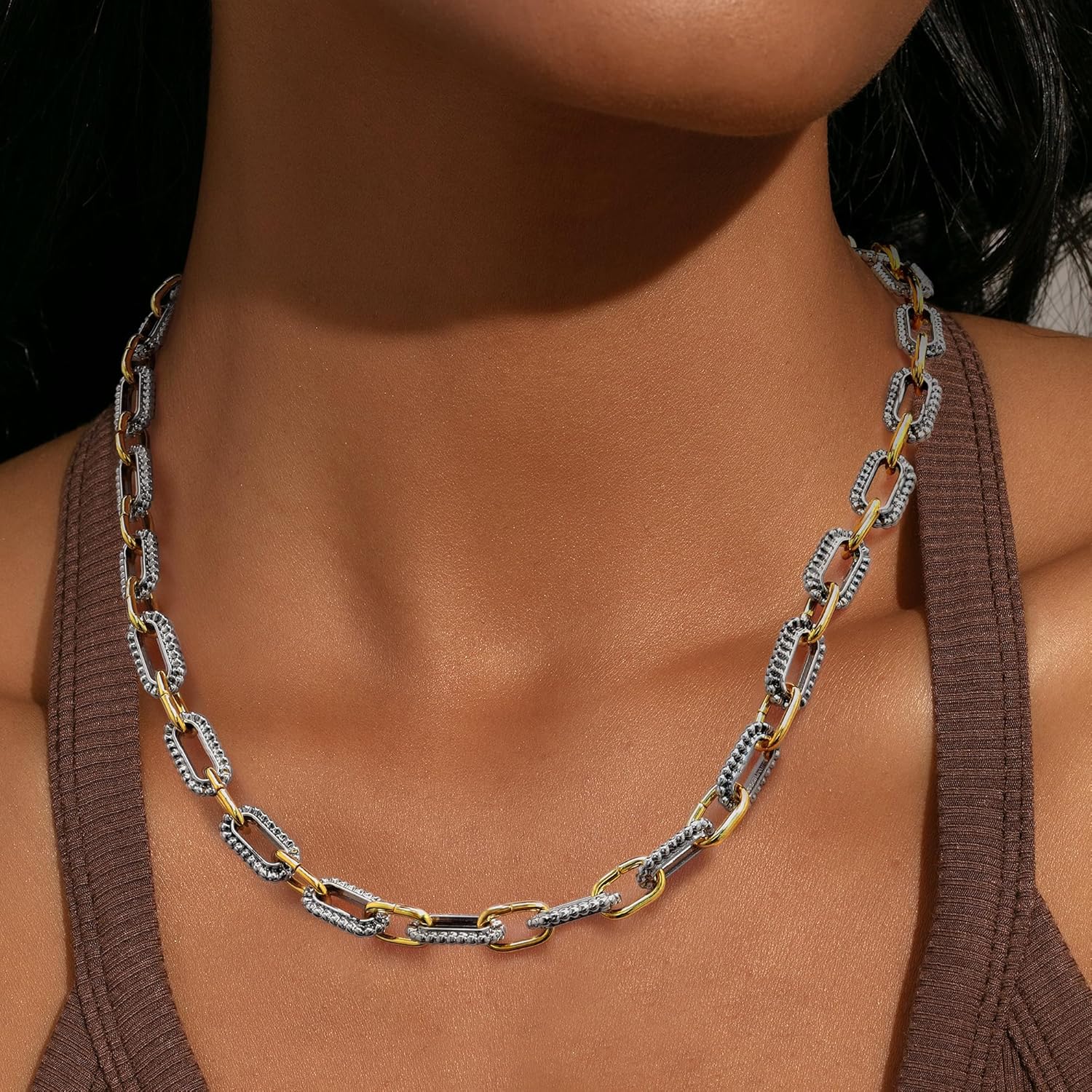 Wire Necklaces for Women, 2 Tone Link Chain Necklaces Circles Adjustable Necklaces Costume Jewelry for Women Gifts Paperclip-A-1