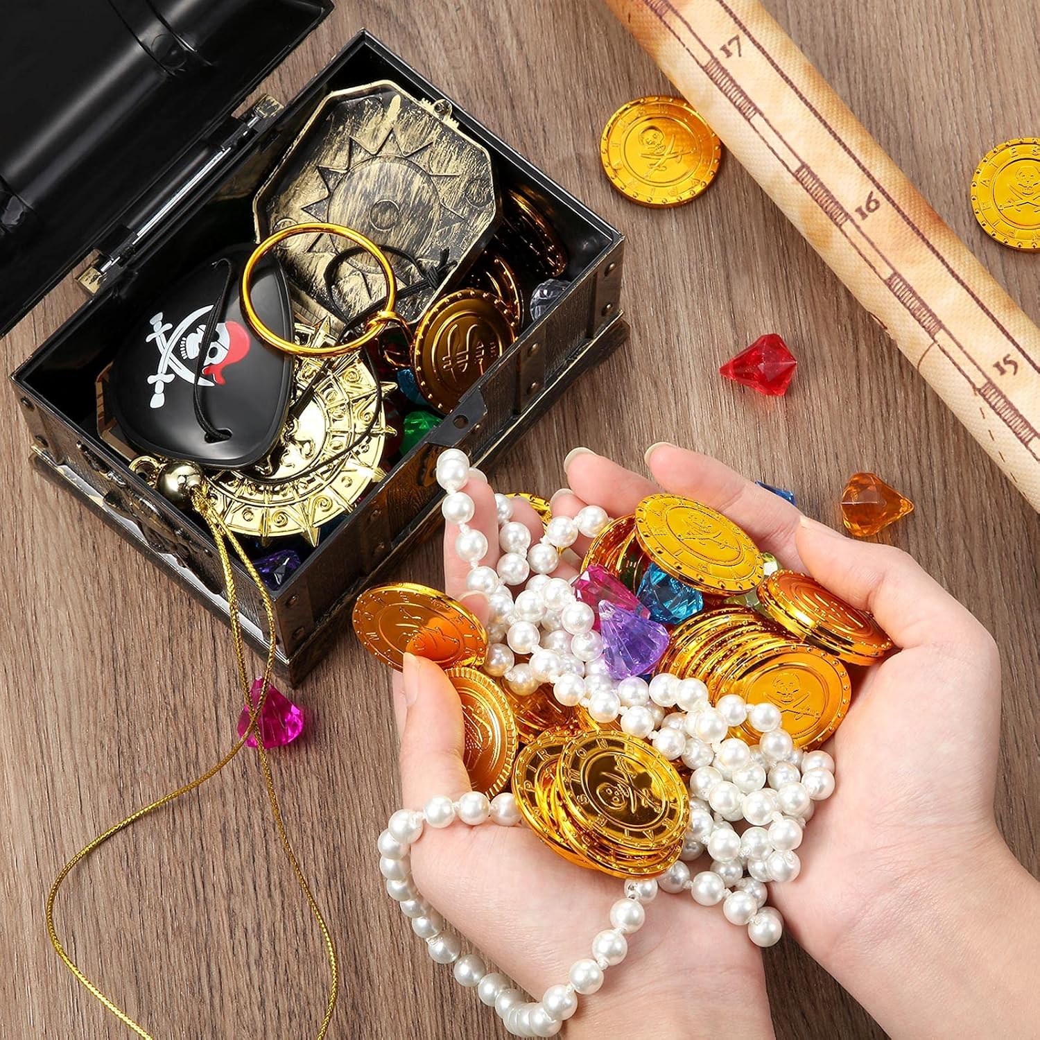 Sumind 89 Pieces Pirate Treasure Chest Toy Kit Vintage Pirate Treasure Chest Pirate Eye Patch Gold Earrings Gold Coin Gems Plastic Toy Compass Pirate Map for Halloween Cosplay Party(Magic Style)