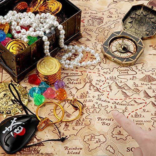 Sumind 89 Pieces Pirate Treasure Chest Toy Kit Vintage Pirate Treasure Chest Pirate Eye Patch Gold Earrings Gold Coin Gems Plastic Toy Compass Pirate Map for Halloween Cosplay Party(Magic Style)