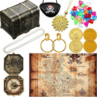 Sumind 89 Pieces Pirate Treasure Chest Toy Kit Vintage Pirate Treasure Chest Pirate Eye Patch Gold Earrings Gold Coin Gems Plastic Toy Compass Pirate Map for Halloween Cosplay Party(Magic Style)