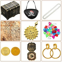 Sumind 89 Pieces Pirate Treasure Chest Toy Kit Vintage Pirate Treasure Chest Pirate Eye Patch Gold Earrings Gold Coin Gems Plastic Toy Compass Pirate Map for Halloween Cosplay Party(Magic Style)