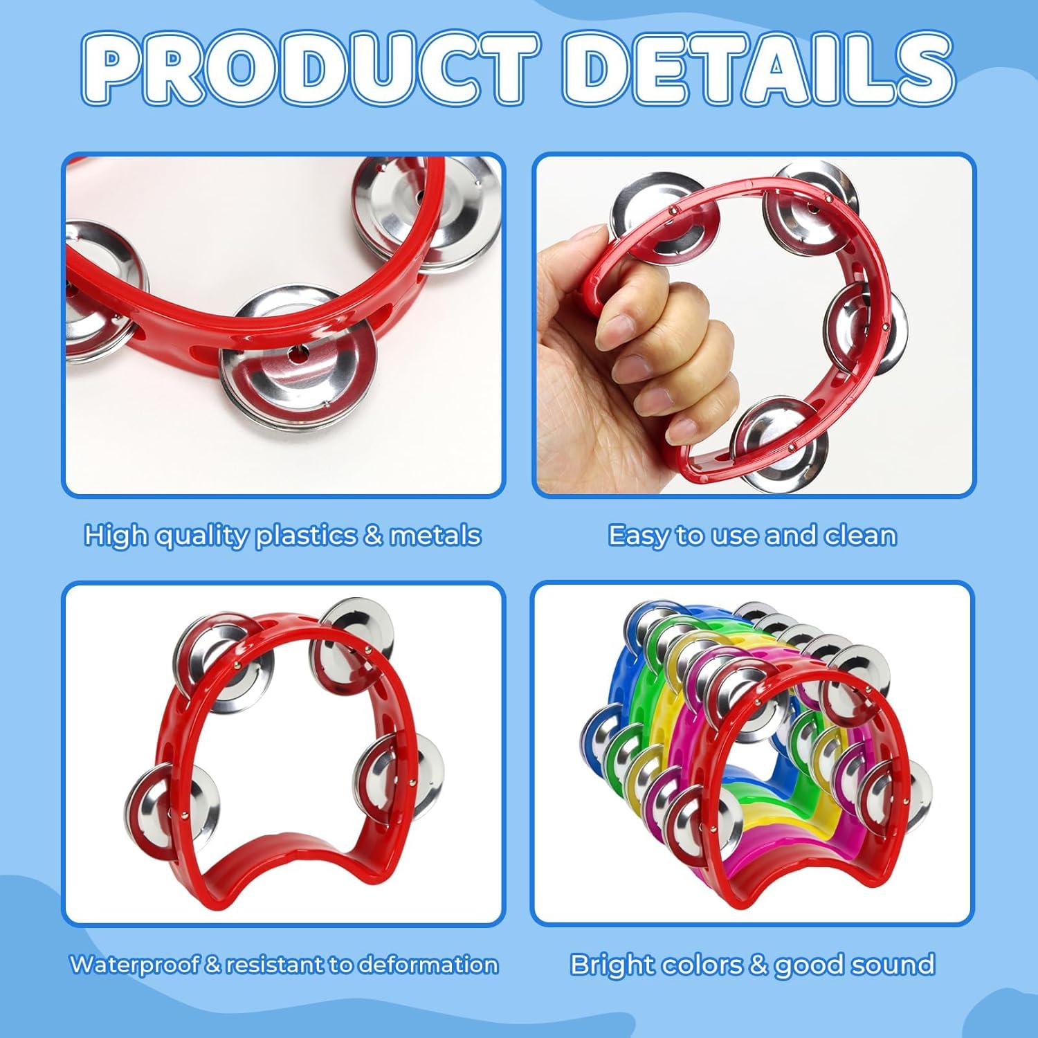 Vmiapxo 5 Pack Colored Tamborines for Kids, Plastic Hand-held Tambourines with 4 Jingle Bells, Mini Percussion Rhythm Musical Instrument for School, Party