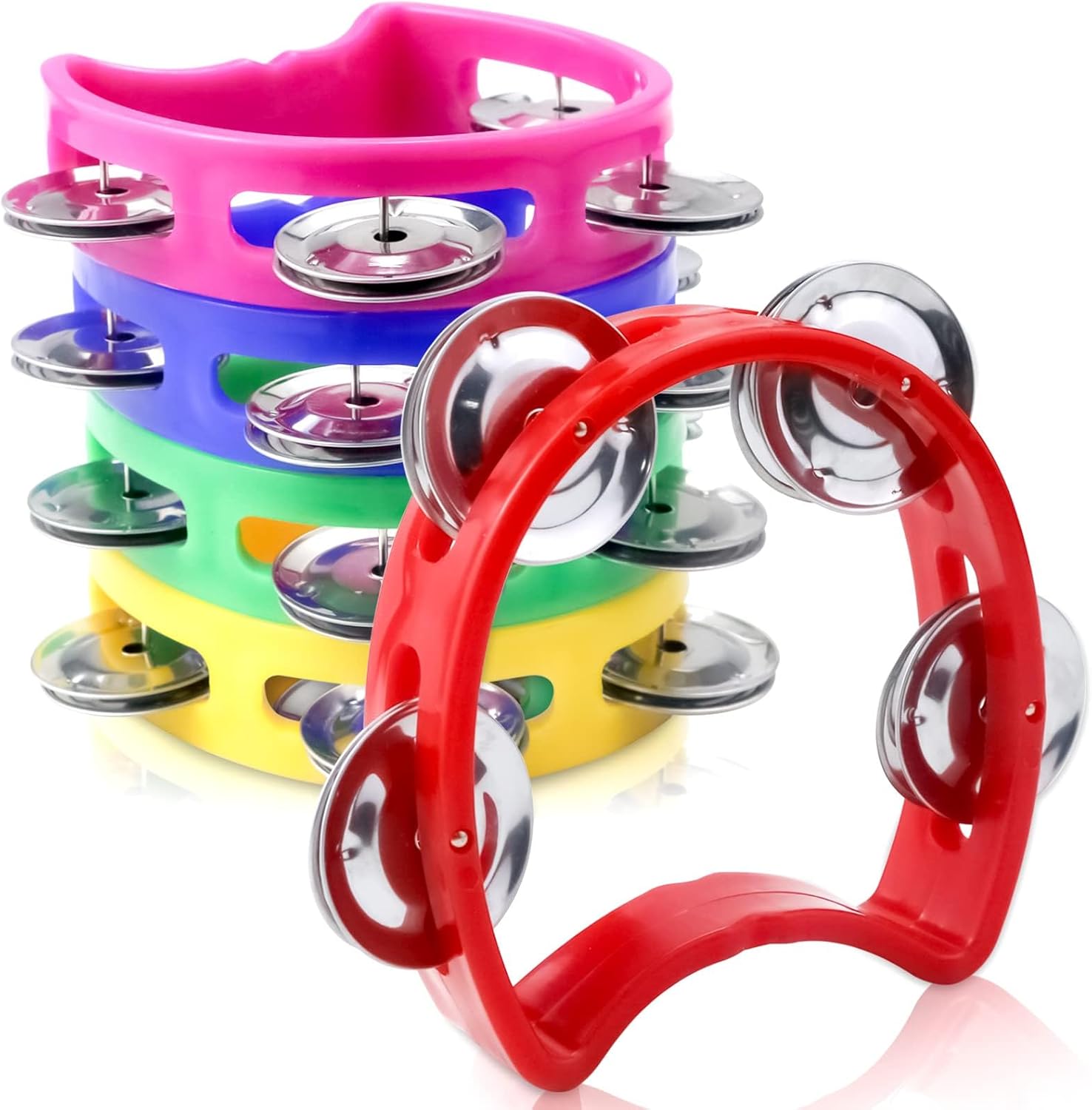Vmiapxo 5 Pack Colored Tamborines for Kids, Plastic Hand-held Tambourines with 4 Jingle Bells, Mini Percussion Rhythm Musical Instrument for School, Party